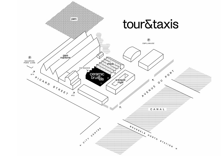 Plan du site de Tour & Taxis : la foire, l’entrée, les parkings et le canal.