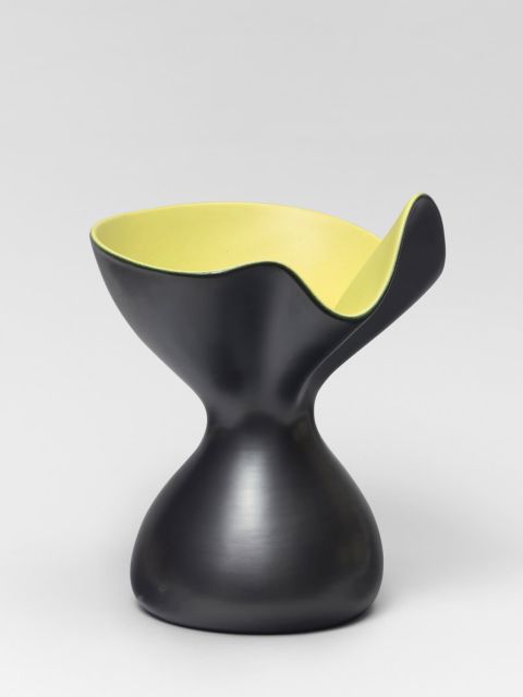 Cb25 Thomas Fritsch Pol Chambost Vase Corolle 1055 Ceramique Emaillee Noir Lustre Argent Interieur Jaune Anis 275x23cm 1955