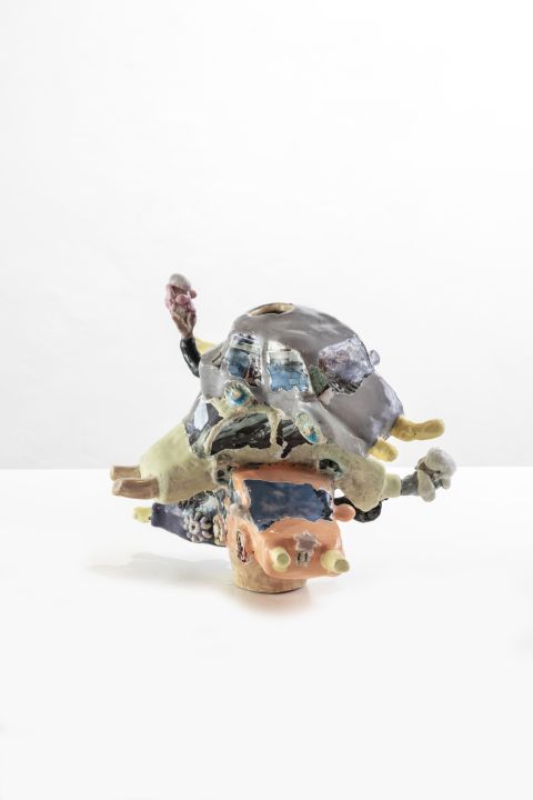 Nora Arrieta Car Gossip 2021 Stoneware Glaze Photo Decals 23x24x18